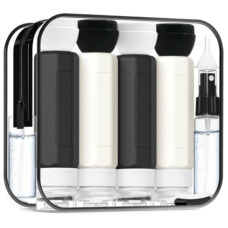 Redfly 17PCS Travel Bottles for Toiletries, TSA Approved Leak Proof Refillable Travel Size Containers, Silicone Travel Kit for Shampoo, Conditioner, Lotion & Creams Black&White - Image 1